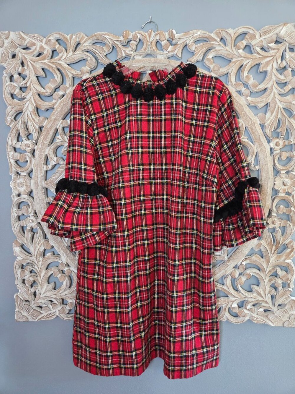 Elizabeth Wilson Tartan Plaid Red Black Mini Dress Bell Sleeves XXL
